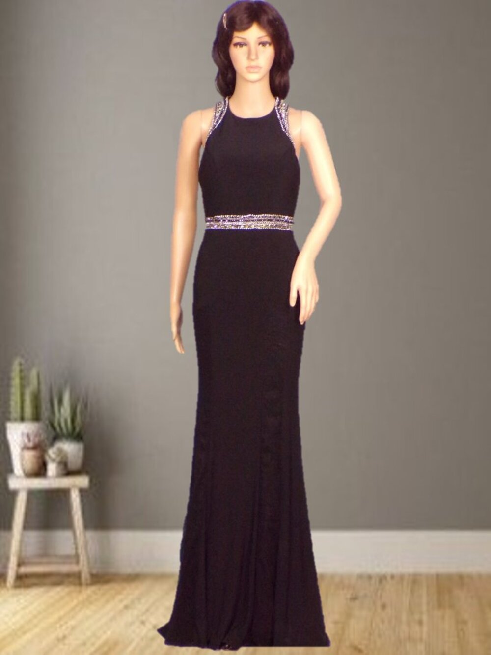 MILANO FORMALS sleeveless long gown black/faux gemstones unknown size (S or XS)